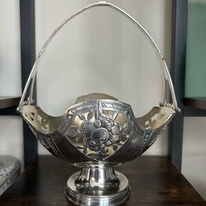 Antique Art Nouveau Silver Plated Bride’s Basket Openwork Floral Handle c.1900